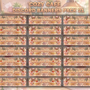 Peut inclure: Ensemble de bannières Discord sur le thème d'un café douillet. Chaque bannière affiche du texte tel que « Bienvenue », « Rôles » et « Cadeaux » sur un fond de desserts et de décor de café. Les bannières sont disposées en grille.