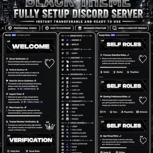 Op de afbeelding: Een digitale weergave van een premium Discord-servertemplate met een zwart thema. De lay-out toont een donkere interface met witte tekst, inclusief secties voor serververificatie, ledenstatistieken en toewijzing van rollen.