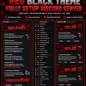 May include: A digital Discord server template featuring a red and black theme with rose accents. The layout includes sections for welcome messages, server statistics, and role assignments, with text labels such as Welcome, Roles, and Verification.