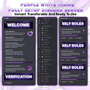 Könnte beinhalten: Eine digitale Grafik, die ein Discord-Server-Setup mit einem lila und weißen Thema zeigt. Die Oberfläche umfasst Abschnitte für die Verifizierung, Serverstatistiken und Rollenzuweisungen, mit Text wie "Willkommen" und "Eigene Rollen."