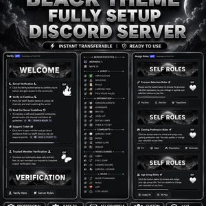 May include: A black theme Discord server layout featuring a dark aesthetic with white text. The interface displays sections for server verification, channel lists, and self-assignable roles including pronouns, gaming preferences, and age groups.