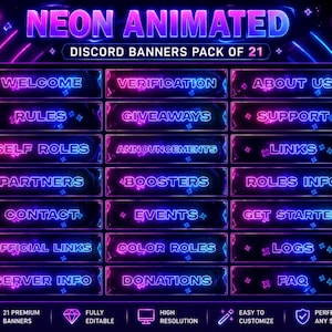 May include: A digital pack of 21 neon animated Discord banners featuring glowing blue and pink text on dark rectangular backgrounds. Labels include Welcome, Verification, About Us, Rules, Giveaways, Support, Self Roles, Announcements, Links, Partners, Boosters, Roles Info, Contact, Events, Get Started, Official Links, Color Roles, Logs, Server Info, Donations, and FAQ.