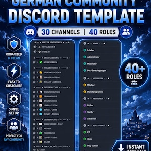 Könnte beinhalten: Eine digitale Vorlage für eine deutsche Discord-Community vor einem dunkelblauen Hintergrund mit Wolken und Burg. Der Text lautet GERMAN COMMUNITY DISCORD TEMPLATE, 30 CHANNELS, 40 ROLES und INSTANT DOWNLOAD. Es zeigt Kanal-Kategorien und Rollenlisten.