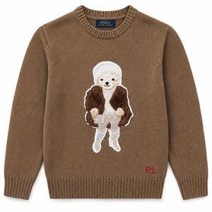 May include: Brown knit sweater with a crew neck and long sleeves. The sweater features an embroidered bear wearing a winter outfit. The brand logo "POLO RALPH LAUREN" is visible on the sweater.