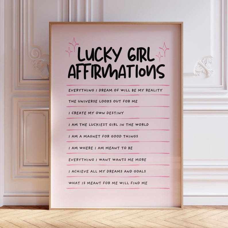 Lucky Statements Pink Lucky Girl Affirmations Print | Trendy Positive Wall Art | Girly ...