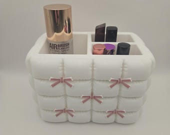 Organizador de maquillaje blanco con lazos rosas – Caja de almacenamiento para tocador