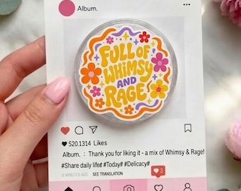 Full Of Whimsy And Rage Sticker Magsafe Phone Grip, Funny Retro Flower Griptok, Colorful Quote Gift For Women