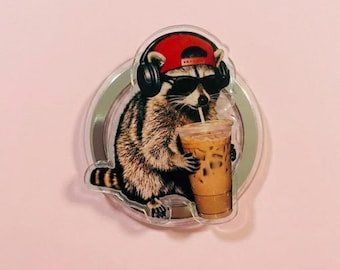 Raccoon Drinking Iced Coffee Magsafe Grip, Funny Animal Meme Phone Grip, Office Humor Gift