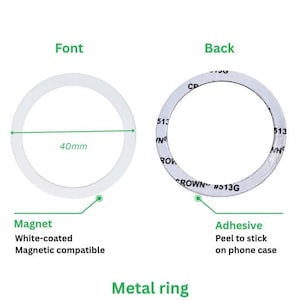 May include: White-coated metal ring, 40mm in diameter, for phone cases. It has a magnetic front and an adhesive back for easy application. The ring is labelled with "CROWN #513G" and "513".