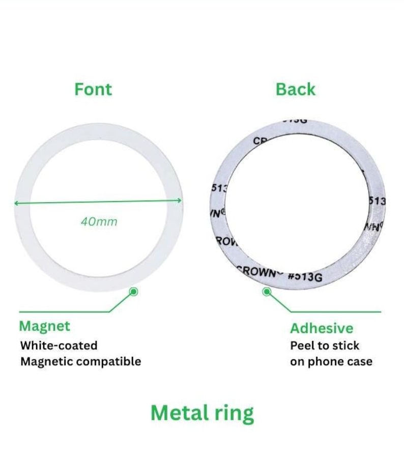 May include: White-coated metal ring, 40mm in diameter, for phone cases. It has a magnetic front and an adhesive back for easy application. The ring is labelled with "CROWN #513G" and "513".