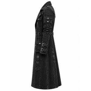 May include: A long, dark gray denim coat featuring a structured collar, multiple flap pockets with silver-toned buttons, and a waist belt with a buckle. The sleeves include adjustable buckled straps, and the lower section has vertical seams and metal D-ring hardware.