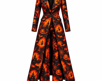 Women's Halloween Long Coat Gothic Witch Bat Pumpkin Print Orange Black