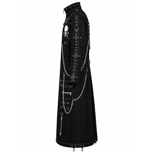 May include: A black long coat featuring a high collar, silver-toned metal chains, and multiple buckled straps along the sleeves. The chest displays a white skull graphic with red eyes. The coat includes several pockets with zippers and metal D-rings.
