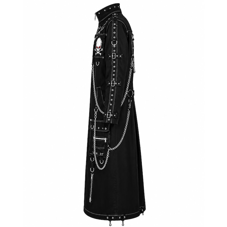 May include: A black long coat featuring a high collar, silver-toned metal chains, and multiple buckled straps along the sleeves. The chest displays a white skull graphic with red eyes. The coat includes several pockets with zippers and metal D-rings.