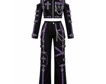 Women's Gothic 2 Piece Set Crop Jacket Cargo Pants Punk Grunge Streetwear Outfit
