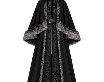 May include: A black hooded cloak featuring a dark gray faux fur trim along the hood, front edges, and hem. The garment includes a central zipper, decorative metal toggle clasps, and a black buckled belt at the waist over a patterned black fabric.
