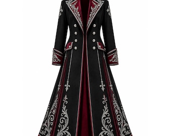 Women's Steampunk Gothic Long Coat Victorian Pirate Cosplay Jacket Black Red