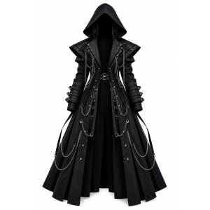 Schwarzer Gothic Langer Kapuzen Mantel - Steampunk Trenchjacke mit Ketten und Schnallen - Alternative Oberbekleidung