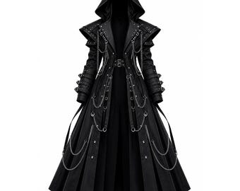 Schwarzer Gothic Langer Kapuzen Mantel - Steampunk Trenchjacke mit Ketten und Schnallen - Alternative Oberbekleidung