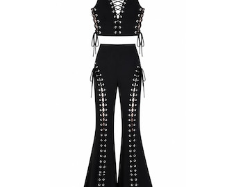 Black Gothic Lace-Up Crop Top & Flare Pants Set – Punk Festival Outfit - Gift for her