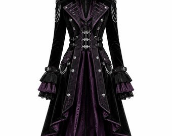 Elegant Gothic Victorian Purple & Black Trench Coat – Steampunk Military Long Coat for Women