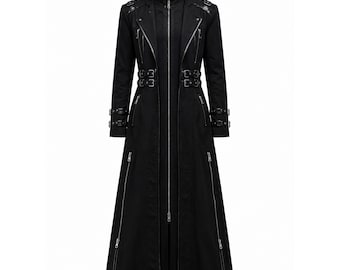 Women's Gothic Steampunk Long Trench Coat Black Winter Zip Jacket
