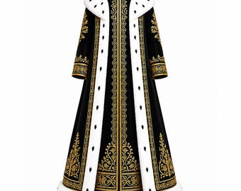 Royal Coronation Cloak King Queen Mantle Faux Ermine Fur Gold Embroidery Costume