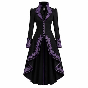 May include: A black long-sleeve coat featuring a high collar, a ruffled black jabot with a central brooch, and five front buttons. The garment is decorated with purple floral embroidery along the lapels, cuffs, and the curved hemline.