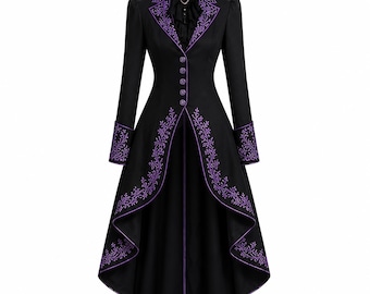 Women's Gothic Victorian Long Coat Black Purple Embroidery Tailcoat Jacket Cosplay