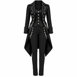 Gotische steampunk damesjas met lange panden, Victoriaanse brokaat smoking cosplaykostuum