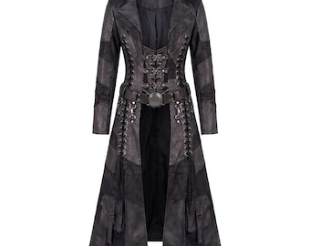 Womens Cotton Steampunk Trench Coat Gothic Corset Lace Up Jacket