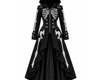 Women's Gothic Skeleton Hooded Coat Halloween Cosplay Steampunk High Low Jacket