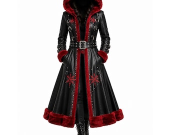 Women's Gothic Black Faux Leather Coat Red Fur Hood Steampunk Long Winter Jacket