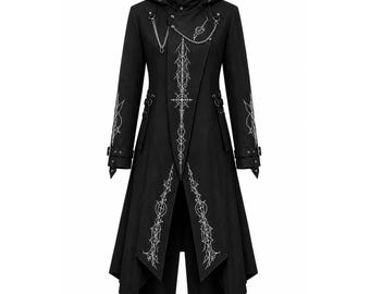 Black Gothic Hooded Trench Coat, Embroidered Medieval Punk Long Jacket, Unisex Alternative Fashion