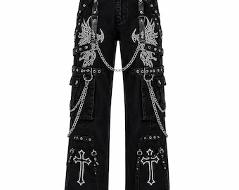 Men's Black Gothic Cargo Pants Chains Straps Cross Embroidery Punk Emo Baggy