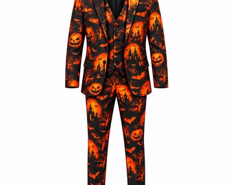 Men's 3-Piece Halloween Suit Orange Pumpkin Bat Print Party Costume