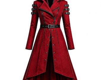 Women's Gothic Steampunk Red Trench Coat Hooded Long Jacket Cosplay Outerwear