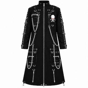 Black Gothic Trench Coat | Long Punk Jacket with Chains and Skull Patch