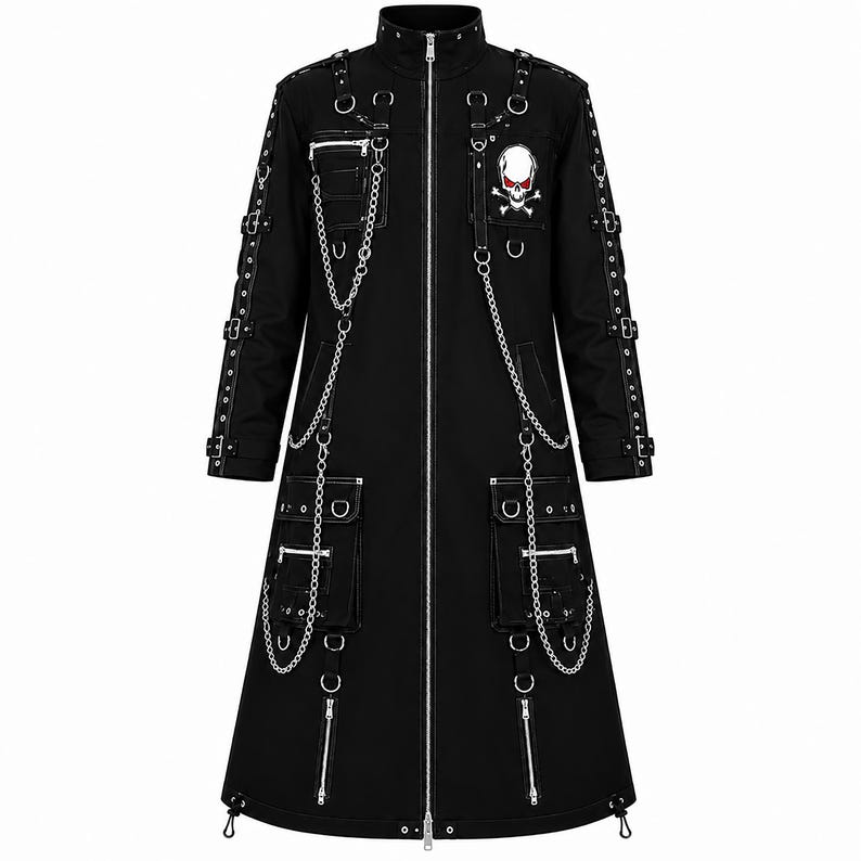 Black Gothic Trench Coat | Long Punk Jacket with Chains and Skull Patch image 1