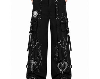 Black Gothic Cargo Pants Skull Print Wide Leg Punk Chain Strap Trousers