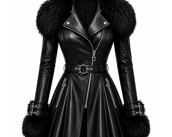 Black Gothic Faux Leather Flared Winter Coat with Fur Collar and Cuffs