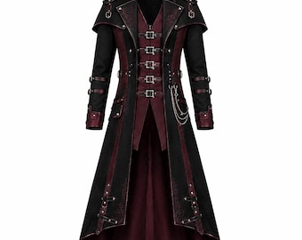 Men's Gothic Steampunk Long Coat | Black Burgundy Victorian Buckle Tailcoat Cosplay