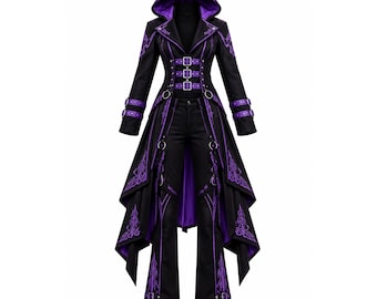 Women's Gothic Steampunk Hooded Trench Coat Long Victorian Jacket Black Purple