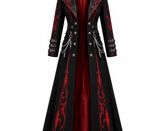Women's Gothic Steampunk Trench Coat Black Red Victorian Vampire Cosplay Jacket