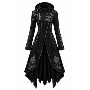May include: A black long-sleeved coat with a hood, featuring three buckled straps across the upper chest, lace-up detailing on the sleeves, and a silver-toned chain with a cross charm. The hem displays intricate grey embroidery on both sides.