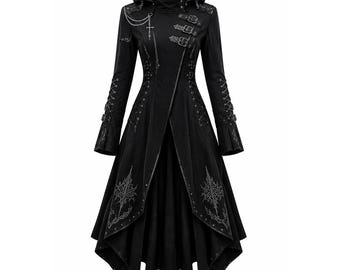 Gothic Hooded Long Coat, Black Punk Buckle Lace-Up Trench, Alternative Witchy Jacket