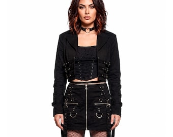 Gothic Punk Two Piece Set – Cropped Blazer, Mini Skirt, Buckle Straps, Streetwear Outfit