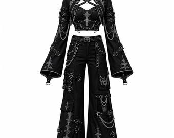 Gotische zwarte gesp-harnasset – Cyber Goth-outfit wijd uitlopende broek en crop jas