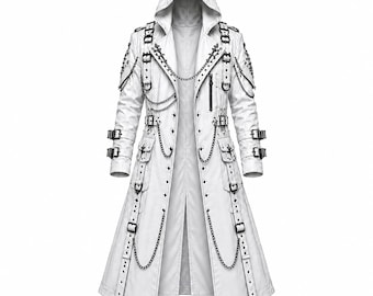 White Gothic Hooded Trench Coat Men Cyberpunk Punk Jacket with Chains