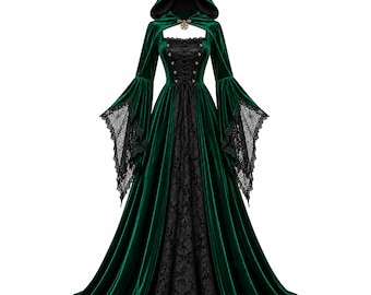 Women's Medieval Renaissance Gothic Dress Hooded Velvet Halloween Cosplay Costume